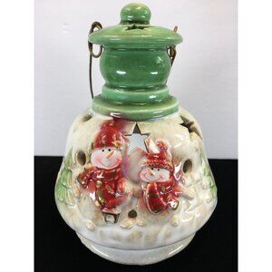 Vintage Snowmen Lantern Tealight Candle Holder Ceramic Christmas Holiday Decor